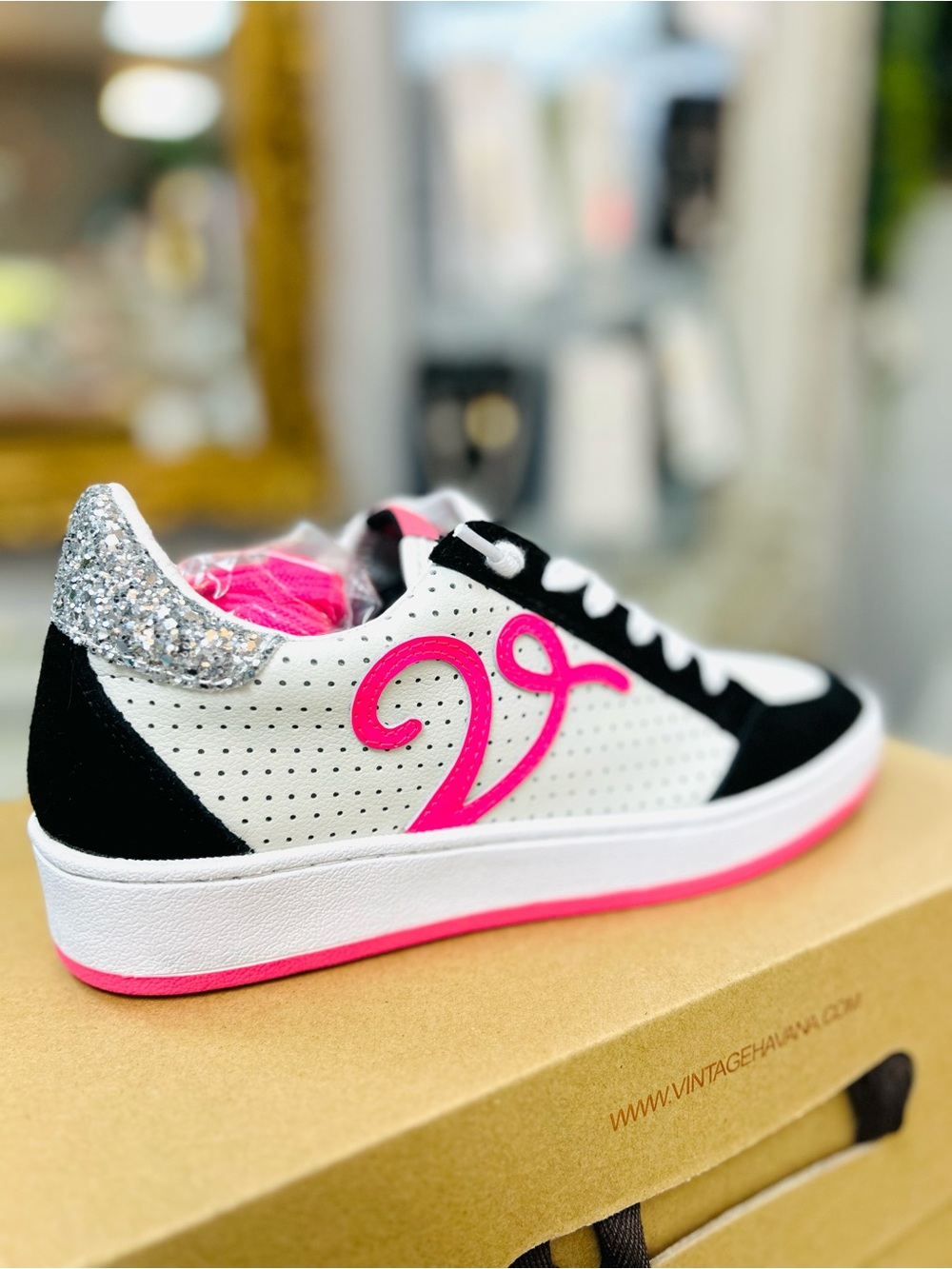 Vintage Havana Low Top Sneakers in White, Black & Hot Pink with Silver Heel